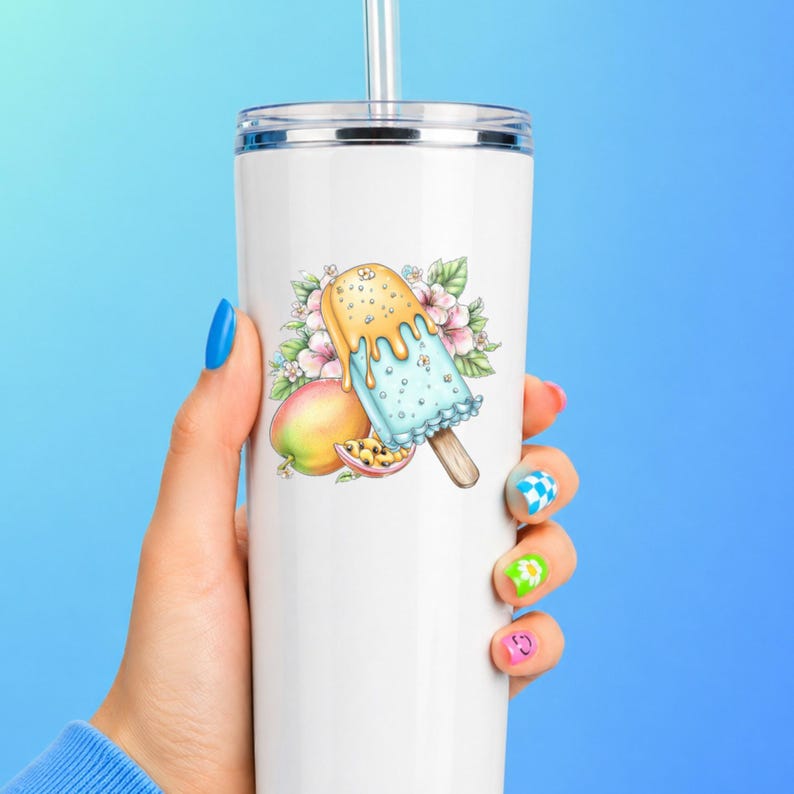Pegatina UV DTF para paleta helada de mango, dulce tropical congelado, pegatina para taza, pegatina para vaso, pegatina para computadora portátil, regalo de playa imagen 9