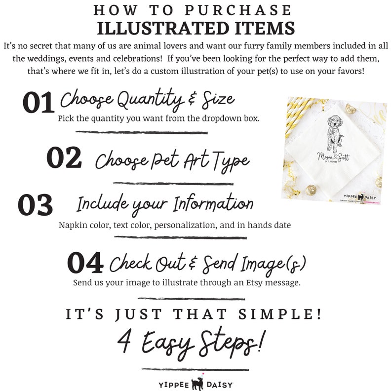 May include: Four steps to ordering a custom pet illustration. The steps are: Choose Quantity & Size, Choose Pet Art Type, Include your Information, and Check Out & Send Image(s). The image shows a napkin with a custom pet illustration and the text "Yippee Daisy".
