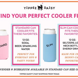 Guide showing standard and slim fit options for “Lake Crew” bachelorette can coolers, perfect for beer, soda, and skinny cans at lake parties.