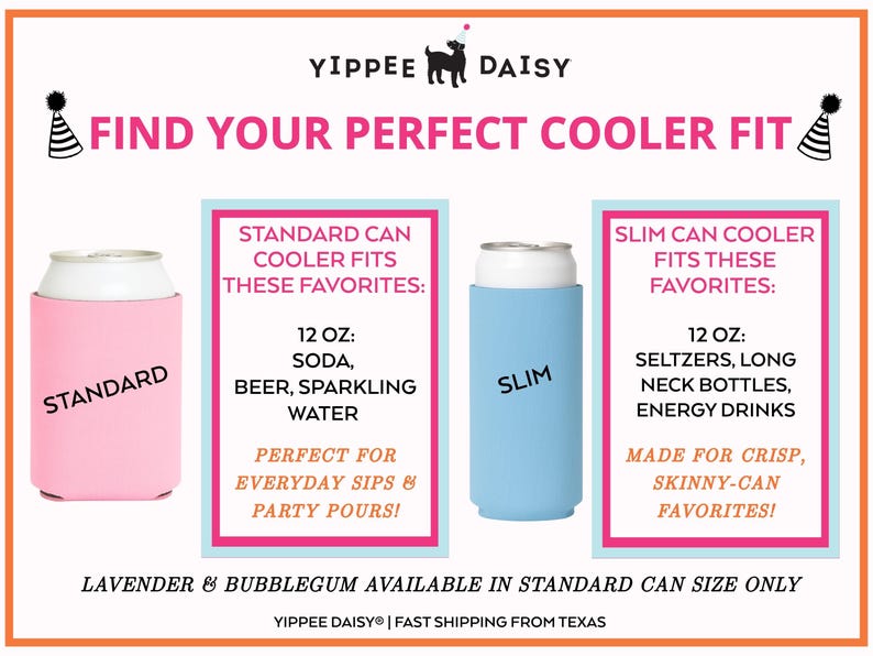 Guide showing standard and slim fit options for “Lake Crew” bachelorette can coolers, perfect for beer, soda, and skinny cans at lake parties.