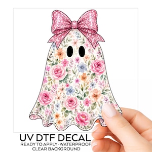 Floral Ghost UV DTF Decal Watercolor Pink Halloween Preppy Bow Cute Tumbler Mug Laptop Water Bottle Car Window Sticker Choose Size