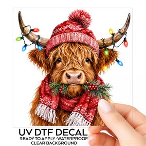 May include: A UV DTF decal featuring a brown Highland cow wearing a red knit hat with a pom-pom and a matching red fringed scarf. The cow has Christmas lights wrapped around its horns and holds a sprig of pine with red berries in its mouth.