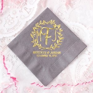Gold Foil Gray Wedding Napkins, Monogram Napkins, Personalized Napkins, Cocktail Napkins, Party Napkins, Rehearsal Napkins, Beverage Napkins