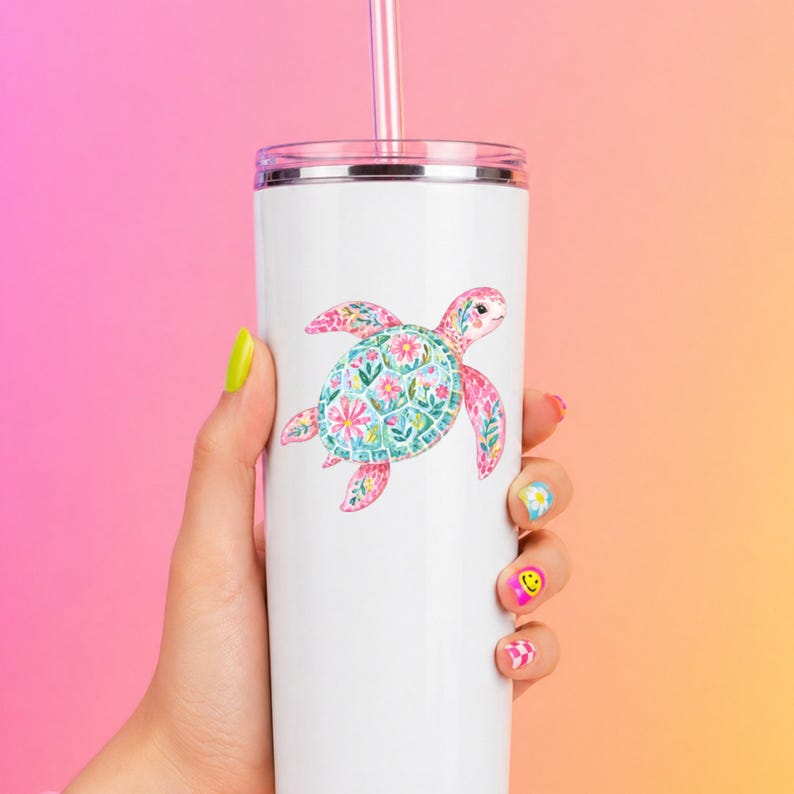 Pink Floral Sea Turtle Decal Watercolor Coastal Sticker UV DTF Glass Decal Laptop Sticker Ocean Lover Gift image 6