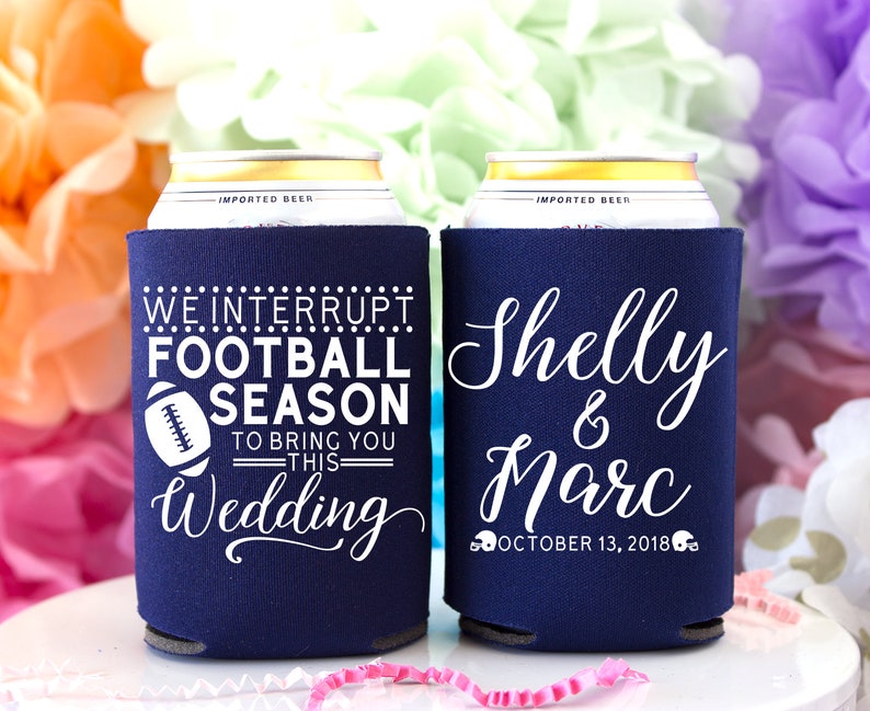 Custom Can Coolers Football Wedding Sports Wedding Tailgate Wedding Football Favors Wedding Giveaway Drink Holder Beer Can Holder image 1