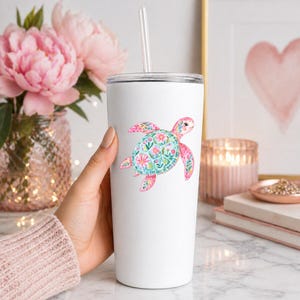 Pink Floral Sea Turtle Decal Watercolor Coastal Sticker UV DTF Glass Decal Laptop Sticker Ocean Lover Gift image 10