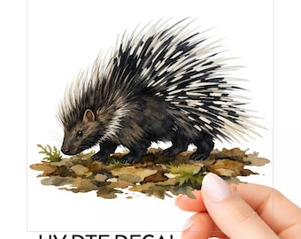 Könnte beinhalten: Ein UV-DTF-Aufkleber mit einer Aquarellillustration eines Stachelschweins mit schwarzen, braunen und weißen Stacheln auf braunem und grünem Boden. Der Text darunter lautet UV DTF DECAL READY TO APPLY WATERPROOF CLEAR BACKGROUND.