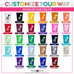 Puede incluir: Un gr&aacute;fico que muestra 20 opciones de color diferentes para vasos de estadio. Los vasos son todos blancos con un dise&ntilde;o de gorro de fiesta y se muestran en una variedad de colores, incluidos rojo, azul, verde, amarillo, naranja, rosa, morado y negro. El gr&aacute;fico tambi&eacute;n incluye opciones transl&uacute;cidas en morado, verde, azul y rojo.