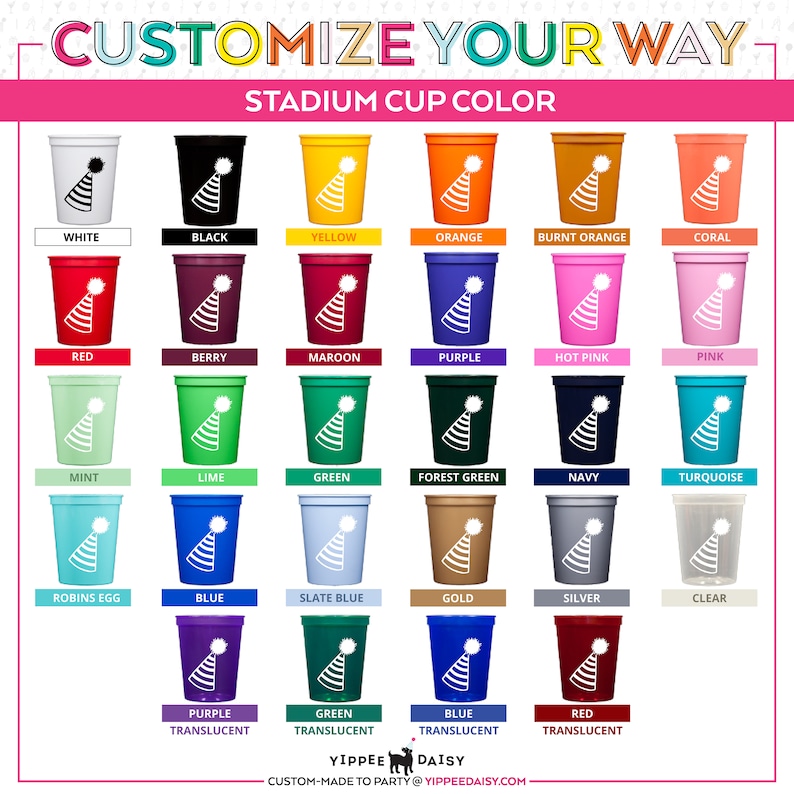 Puede incluir: Un gr&aacute;fico que muestra 20 opciones de color diferentes para vasos de estadio. Los vasos son todos blancos con un dise&ntilde;o de gorro de fiesta y se muestran en una variedad de colores, incluidos rojo, azul, verde, amarillo, naranja, rosa, morado y negro. El gr&aacute;fico tambi&eacute;n incluye opciones transl&uacute;cidas en morado, verde, azul y rojo.