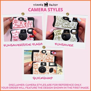 May include: Five disposable cameras with custom graphic designs featuring text like Megan's Bachelorette, Camp Jenn, and Audrey & Coleman. The cameras display various illustrations including palm trees, dice, and disco balls, labeled as Funsaver/Side Flash, Funsaver, and Quicksnap styles.