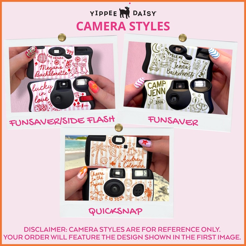 May include: Five disposable cameras with custom graphic designs featuring text like Megan's Bachelorette, Camp Jenn, and Audrey & Coleman. The cameras display various illustrations including palm trees, dice, and disco balls, labeled as Funsaver/Side Flash, Funsaver, and Quicksnap styles.