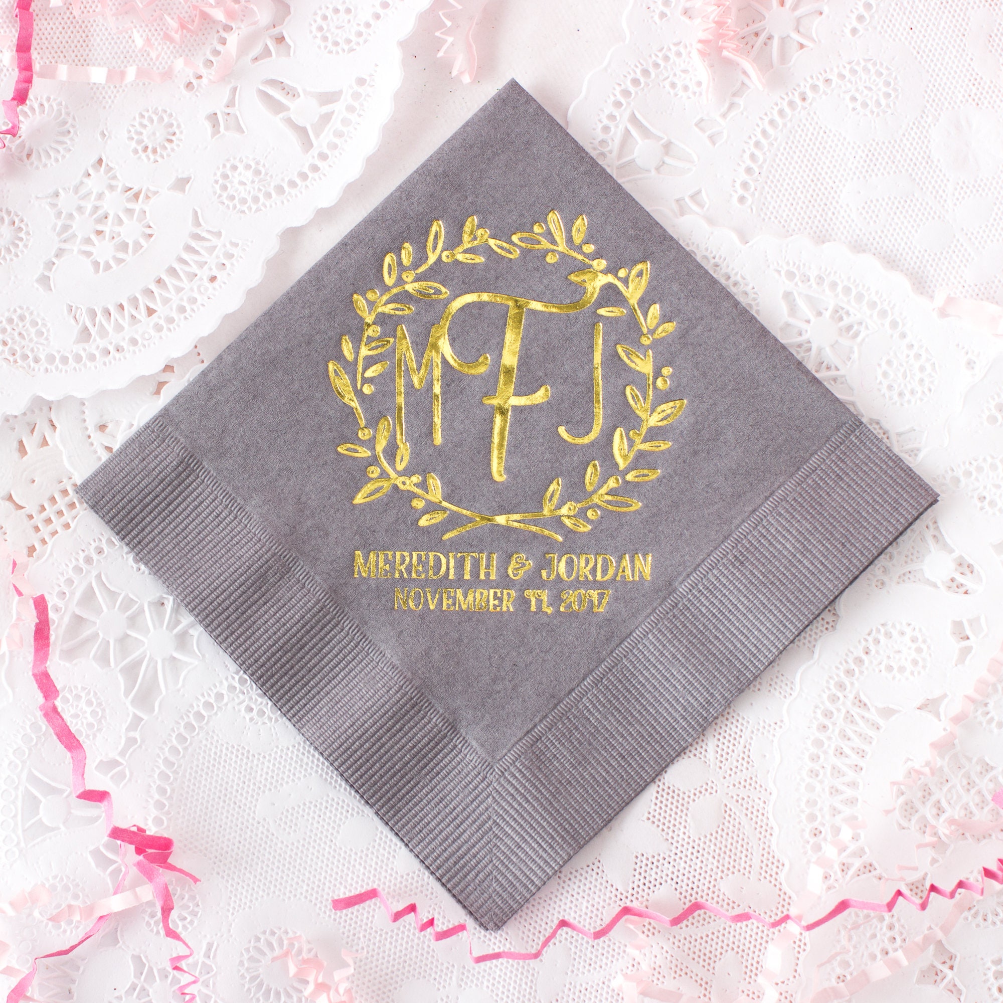 Gold Foil Gray Wedding Napkins Monogram Napkins Personalized Etsy España
