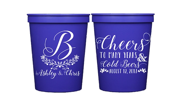 Cheers to Many Years and Cold Beers Monogram Monogrammed 39 Glow-in-the-Dark Wedding Favor Glow Stadium Cups