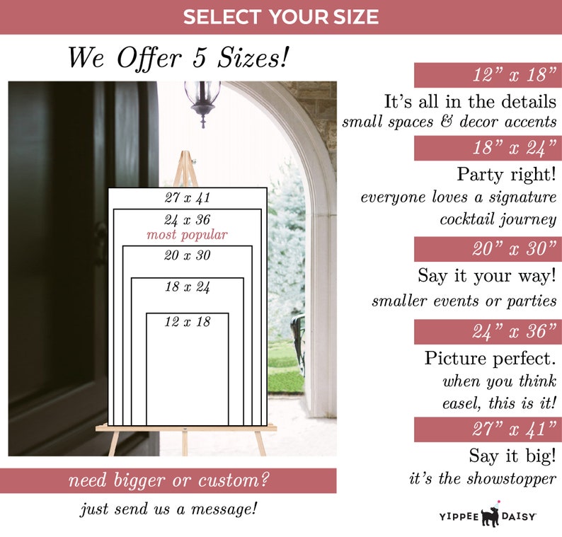 signs sizes scaled to size on an easel for wedding welcome acrylic signs to determine the size for your event