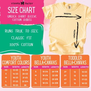 Pu&ograve; includere: Tabella delle taglie per magliette unisex a maniche corte in cotone. La tabella include le misure per le taglie Youth Comfort Colors, Youth Bella+Canvas e Toddler Bella+Canvas. Le magliette sono a vestibilit&agrave; classica e 100% cotone.