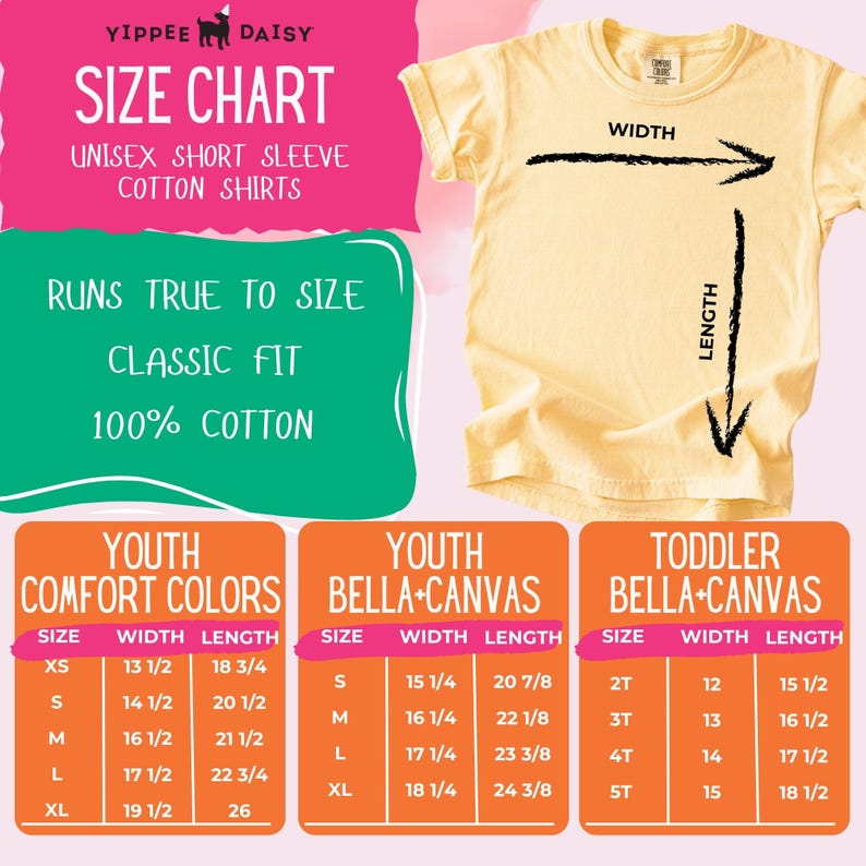 Pu&ograve; includere: Tabella delle taglie per magliette unisex a maniche corte in cotone. La tabella include le misure per le taglie Youth Comfort Colors, Youth Bella+Canvas e Toddler Bella+Canvas. Le magliette sono a vestibilit&agrave; classica e 100% cotone.