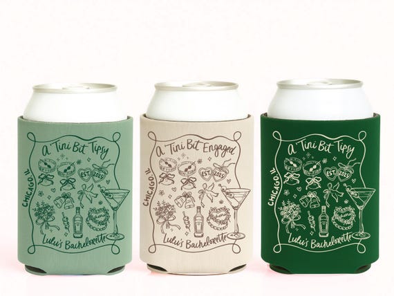 Martini Bachelorette Decor - A Tini Bit Engaged Can Cooler - Custom Bachelorette Party Favors - Dirty Martini Theme Decor - A Tini Bit Tipsy
