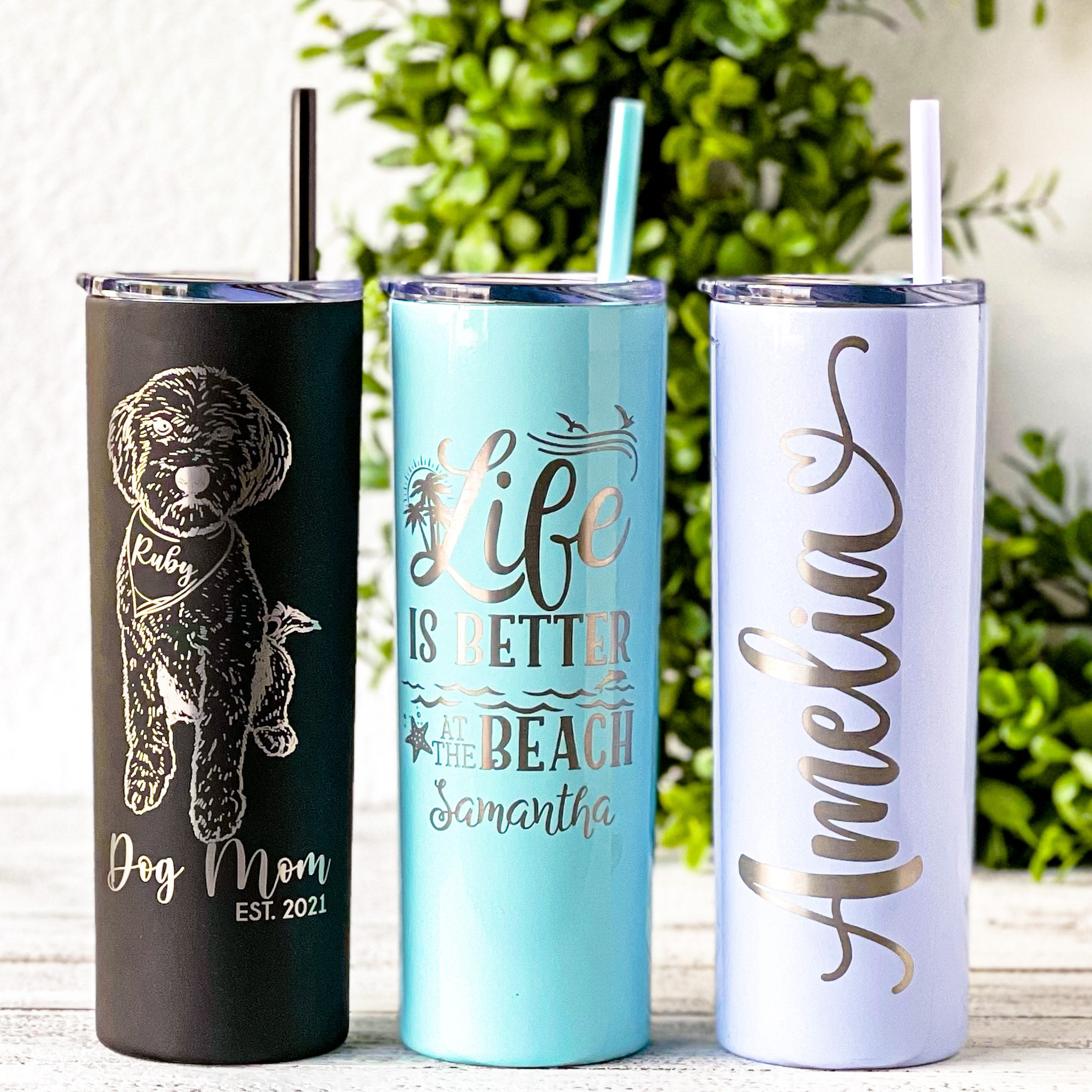 Laser Engraved Tumbler With Straw 20 Oz Personalized Skinny Etsy