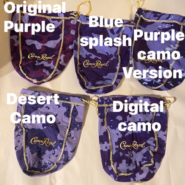 Your choice of the 5 purple camouflage in the series. Original,Digital, desert, splash and 2nd addition. Select from the drop down menu.