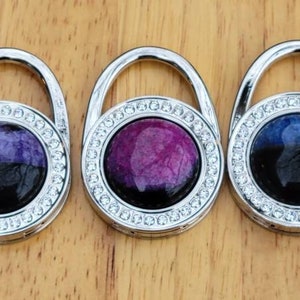 Gancho para bolso de 4 colores, ágata drusa premium, soporte para bolso, colgante para bolso, piedra preciosa genuina, azul, rosa, morado, verde azulado, piedra brillante, regalo para mesa de escritorio