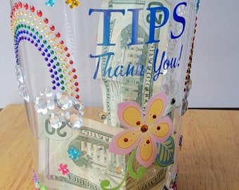 BIG Tips Money Collecting Large Clear Plastic Tip Jar Rainbow Gems Piano Bar Performer Dancer Bartender Salon Rhinestones Barware Tip Cup