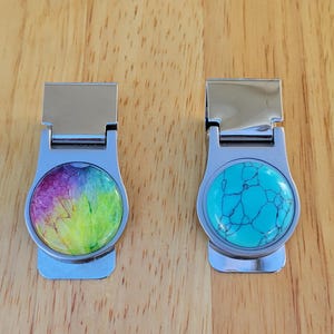 Pince à billets turquoise, arc-en-ciel, quartz solaire, cartes de visite de crédit, porte-monnaie, pierre semi-précieuse, bouton pression, cadeau pour homme, papa, pierre précieuse chromée