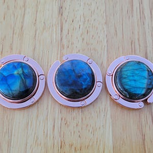 Purse Hook Hangs Bag on Table Bar Counter Shelf Labradorite on Rose Gold Handbag Hanger Holder Keeps Purse Clean Gemstone Stone Colorful