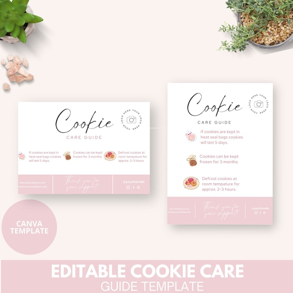 CANVA Cookie Care Guide Editable Template, 2 SIZES, Printable Biscuit Care Card, Cookie Serving Instructions, Care Thank You Insert