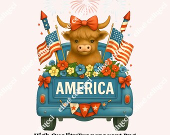 4 juli Highland Cow PNG, Vintage Truck Clipart, Patriotiska amerikanska flaggan fyrverkerier sommar självständighetsdagen digital nedladdning