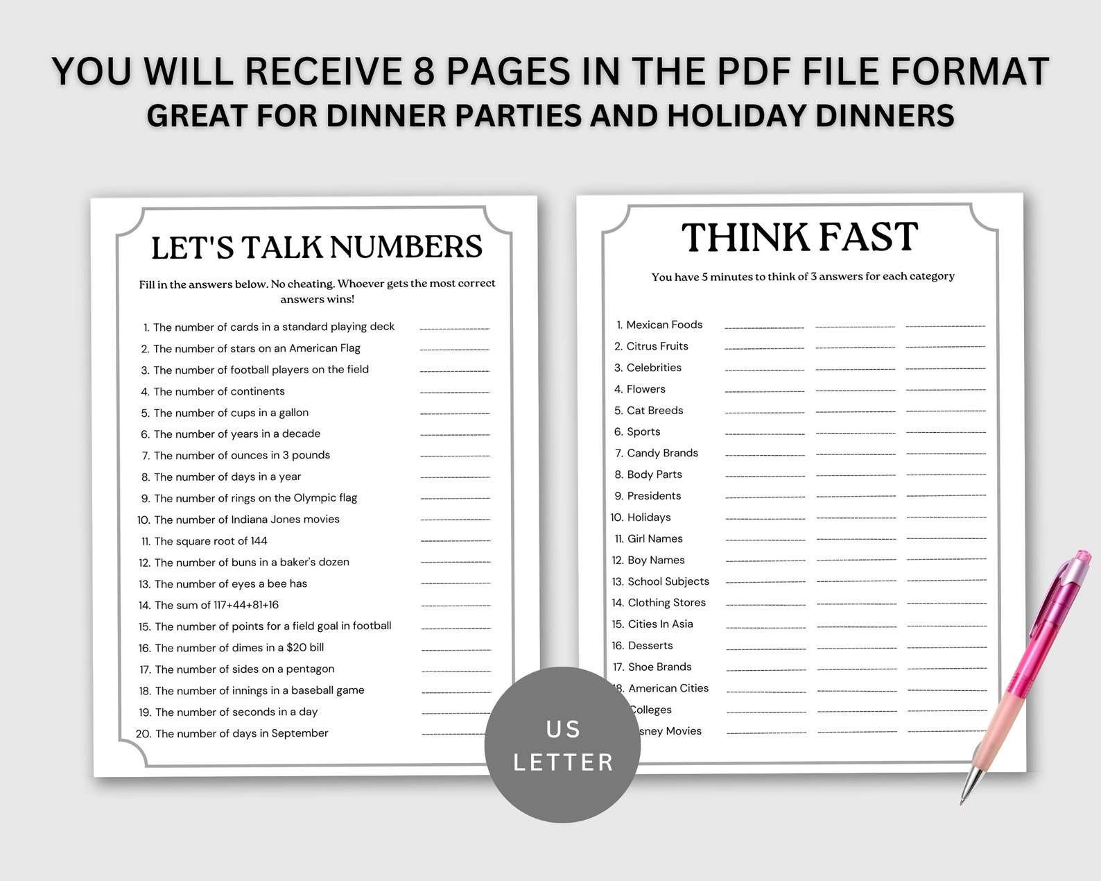 Dinner Party Games Printable, Icebreaker Questions, Adult Party Games