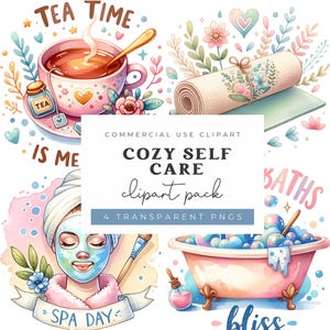 Watercolor Cozy Self Care Clipart Set, Spa Digital Stickers for Relaxation, Selfcare Affirmation PNG Files, Planner Graphics, Soft Aesthetic