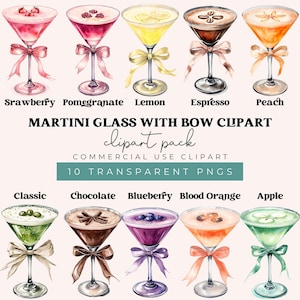 Martiniglas met strik clipart, aquarel cocktail drankjes set, cocktail club sublimatie digitale download, happy hour graphics