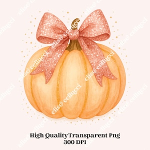 Glittery Pumpkin with Bow Clipart, Preppy Pumpkin, Bow Coquette Fall Clipart, Grandmillenial Halloween Decor, Autumn Watercolor Design