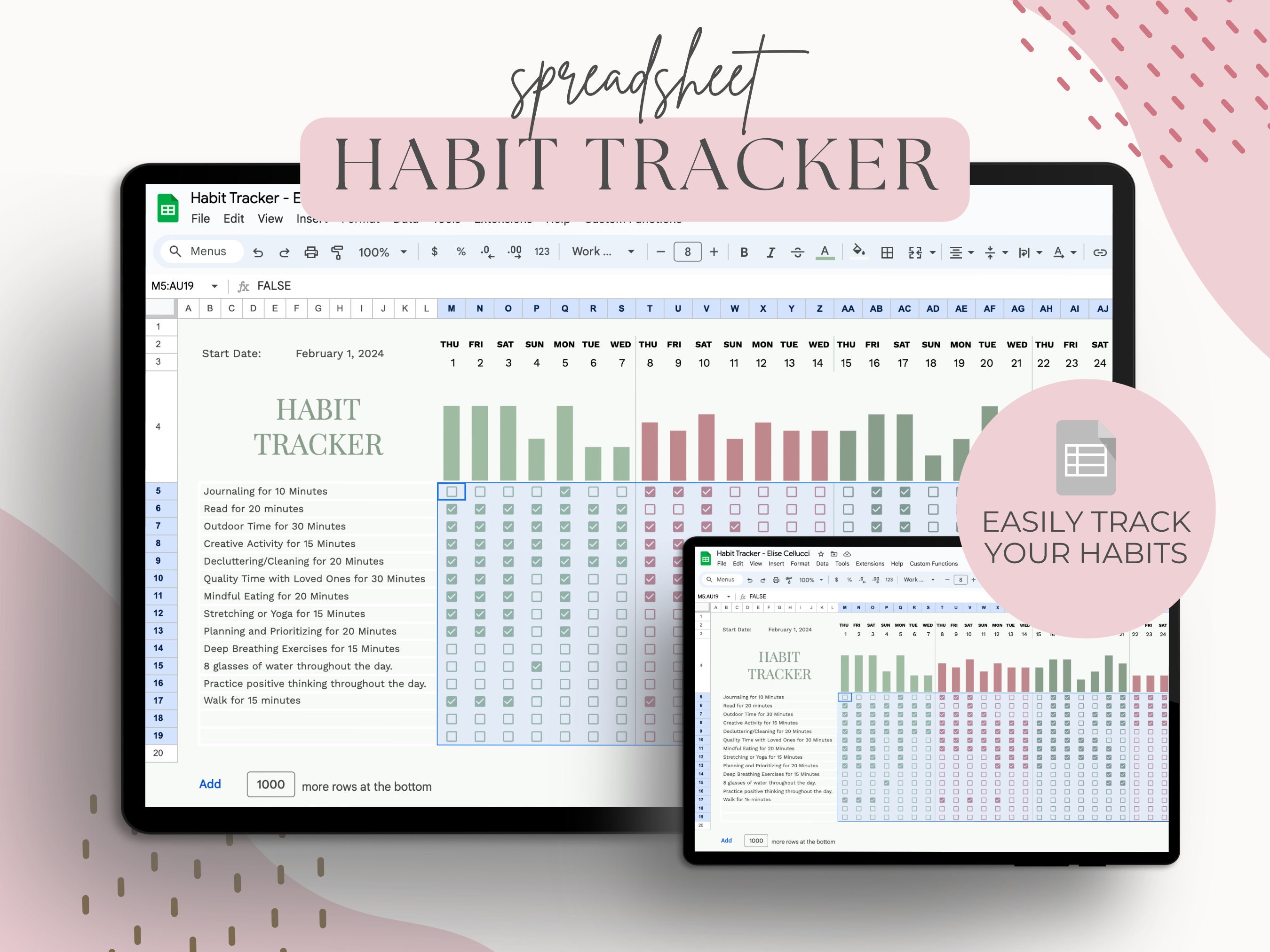 Habit Tracker Spreadsheet for Google Sheets, Daily Habit Planner ...