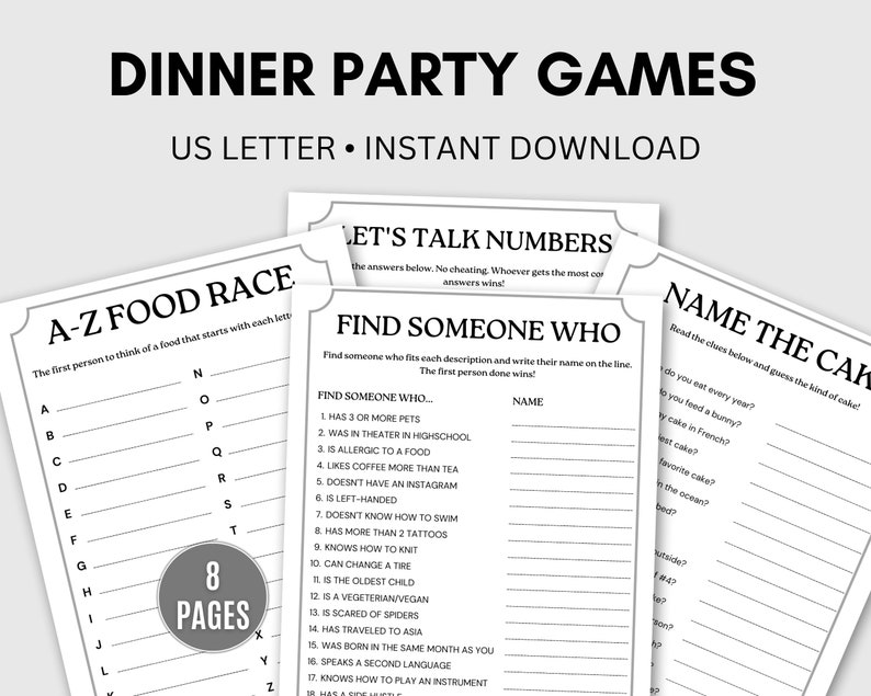 Dinner Party Games Printable, Icebreaker Questions, Adult Party Games, Fun Cocktail Party Games