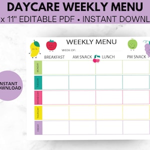 Daycare Menu Editable Weekly Meal Planner for Preschool & Home Daycare - Instant Download Weekly Menu Organizer
