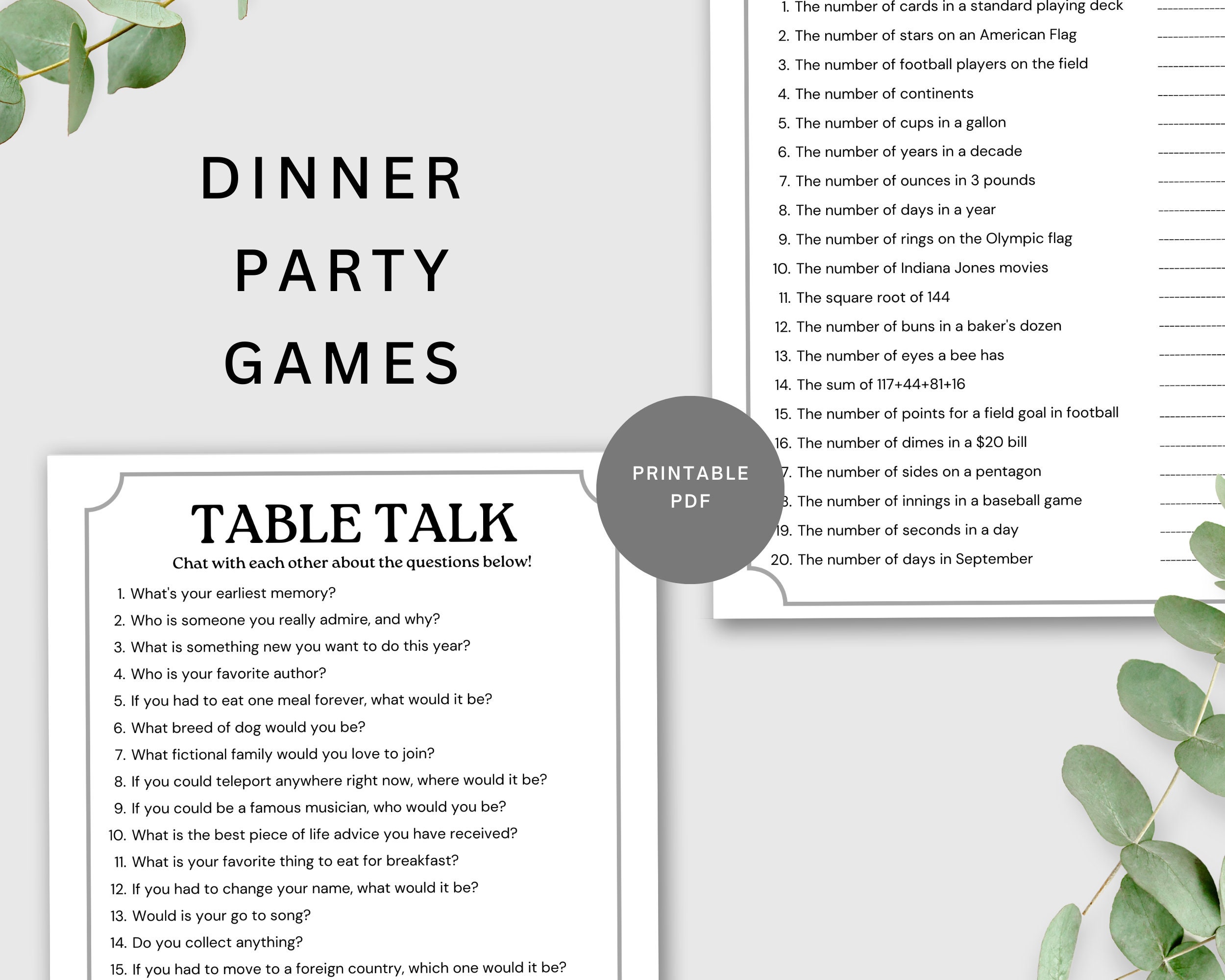 Dinner Party Games Printable, Icebreaker Questions, Adult Party Games
