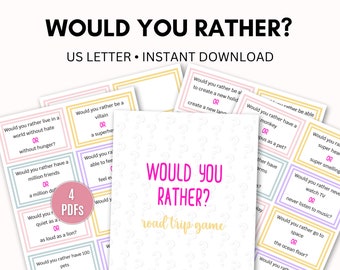 Op de afbeelding: Een printbaar "Would You Rather?"-spel voor een roadtrip met 4 PDF's. Het spel bevat vragen met twee keuzes, zoals "Zou je liever in een wereld zonder haat of zonder honger leven?" en "Zou je liever een schurk of een superheld zijn?"