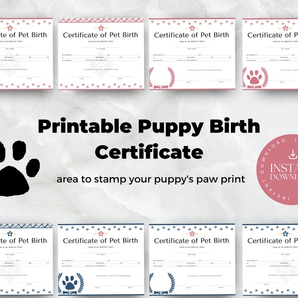 Puppy Birth Certificate Printable with area to stamp puppy's paw print Fillable Breeder Certificate of Birth  adoption puppy certificate