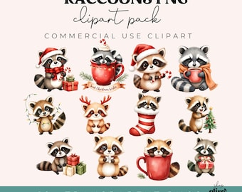 Christmas Raccoon Clipart Bundle, Festive PNG for Holiday Crafts,Gifts, Digital Download
