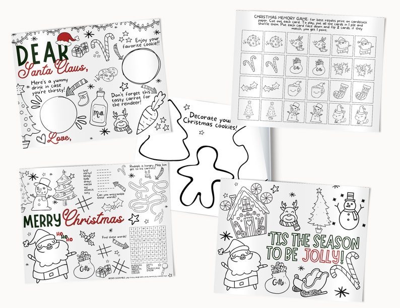 Christmas Coloring Placemats Printable, Santa, Elves, Gingerbread