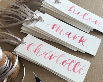 Wedding Watercolour Calligraphy Name Tags With Ribbon | Watercolour | Wedding Place Cards