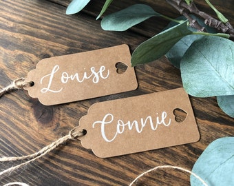 Wedding Name Kraft Heart Tags, luggage tags, Brush Calligraphy Hand Written