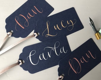 Minimum order 10 - Wedding Calligraphy Name Tags With Metallic Ink & Ribbon | Wedding Place Cards