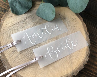 Minimum order 10 - Wedding Vellum Frosed Paper Calligraphy Name Tags With Ribbon | Ink | Wedding Place Tags