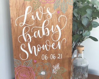 A3 Custom Wood Baby Shower Sign | Hand painted Calligraphy Baby Sign | custom Wooden sign  |