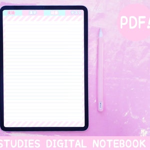 May include: A digital notebook template for Japanese studies. The template has a pink and blue striped border with Japanese text at the top. The text says "文法", "漢字", "語彙", and "テスト". The template is designed for use on a tablet or computer.