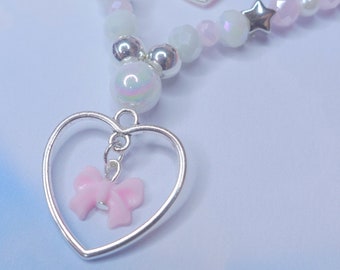 Super Cute and Sweet Beaded Necklace with Pink Bow in a Heart