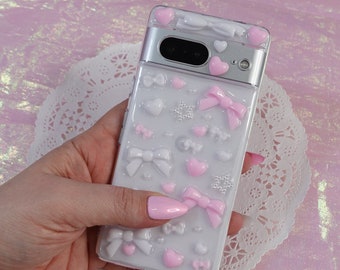 Pixel 8, 8 Pro, 7, 7 Pro, 7a, 6, 6a, 5, 5a, 4, 4a, 3, 2 5g Pro  Case - Kawaii Coquette Decoden Case with Pink and White Bows and Hearts