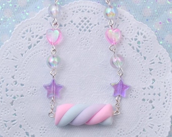 Kawaii Sweet Pastel Necklace, Lavander Rainbow Marshmallow Necklace made in Polymer Clay, perfect for Sweet Outfit, Harajuku Kei, Fairy Kei